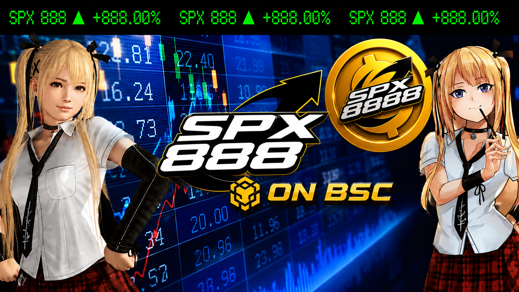 SPX888 on BSC with two blonde finance mascots, a gold SPX888 coin, and market screens